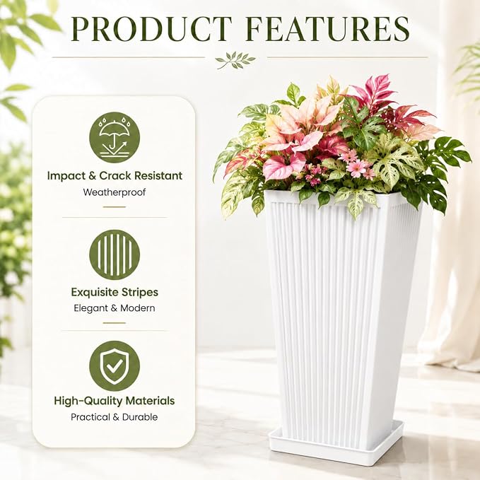 24" Tall Planters for Outdoor Plants Set of 2 Square Fluted, TallIndoor Flower - Image 4
