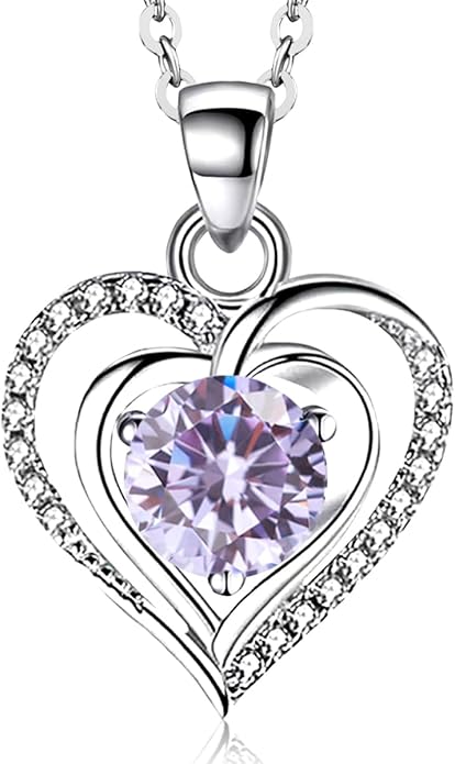 RIVIKO Heart Birthstone Pendant Necklace for Women 925 Sterling Silver Zirconia Necklaces Valentine's Day Anniversary Birthday Mothers Day Jewelry Gifts For Her Mother Wife