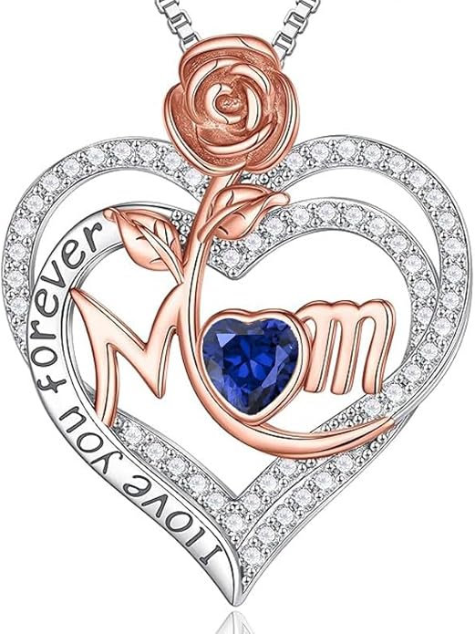 Rose Birthstone Gifts for Mom, S925 Sterling Silver Rose Heart Pendant Birthstone Necklace Mothers Day Valentines Day Christmas Birthday Jewelry Gifts for Mom