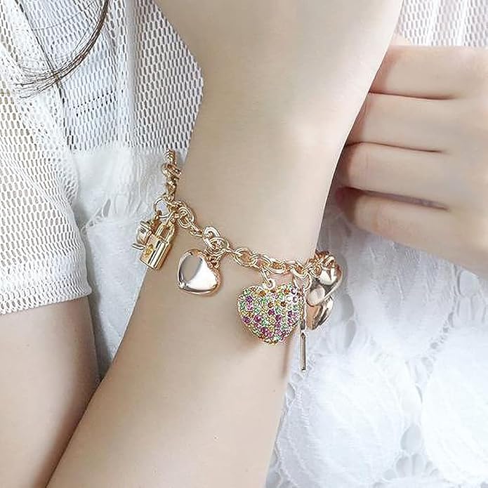 SILANER Gold Chain Link Bracelet - 7"+ 2" Extender 14K Gold Plated Love Locked Bracelets for Women, with Crystal, Love Heart,Key, Lock, Charm Bracelet