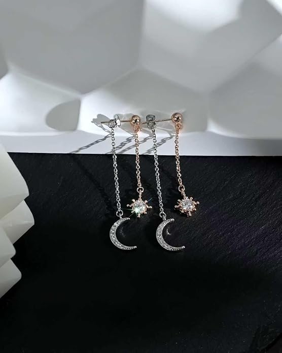 Moon and Star dangle Earrings for Women Chain Tassel with Cubic Zirconia Drop Celestial Jewelry for Wedding Gift