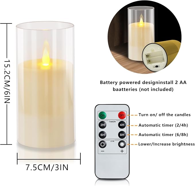 wemarry Flameless Candles Acrylic Glass Pillars 3" D x 6" H Battery Operated - Image 3