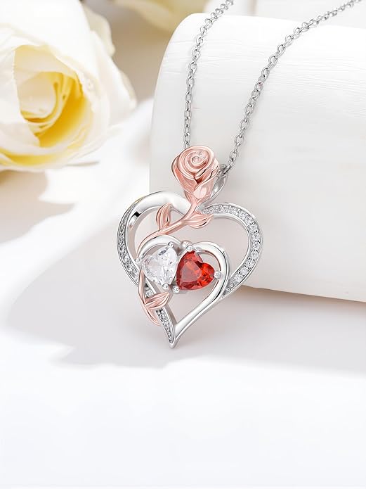 Rose Flower Heart Pendant for Women Birthday Gifts 18k Gold Plated Mother Daughter Necklace with 12 Months Birthstone Christmas Valentines Day Gifts for Her Mom Anniversarry Jewelry for Mom Wife Girlfriend