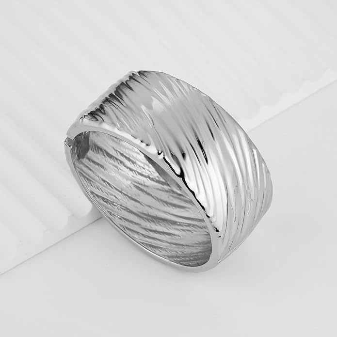HZMAN 18K Gold Plated Wide Cuff Bracelet for Women - Premium Alloy Shiny Polished Double Layer Statement Bangle, Trendy Daily Wear Party Jewelry Accessory