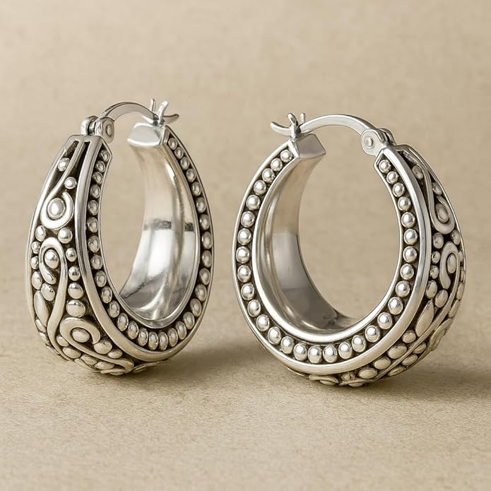 LeCalla 925 Sterling Silver Bali-Style Hoop Earrings Lightweight Click-Top Antique Two-Tone Beaded Italian Bali Style Earring Hoops for Women
