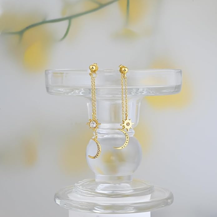 Moon and Star dangle Earrings for Women Chain Tassel with Cubic Zirconia Drop Celestial Jewelry for Wedding Gift