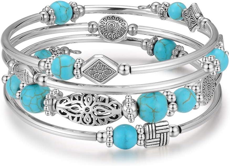 BULINLIN Layered Wrap Bangle Turquoise Bracelet - Bead Bracelet with Natural Agate Stone, Gifts For Women