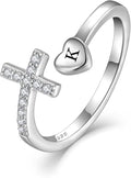 STARCHENIE Cross Initial Ring for Women 925 Sterling Silver Letters A-Z 26 Alphabet Adjustable Ring Size 7