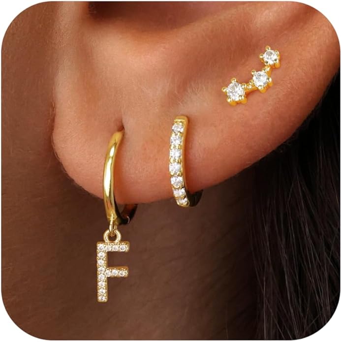 Valentines Day Gifts for Kids Girls - 3 Pairs Gold Earrings for Women Huggie Hoop Earrings for Girls with Initial Dangle Cartilage Earring Studs Hypoallergenic Earring Set for Multiple Piercing