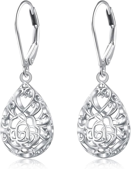 925 Sterling Silver Filigree Dangle Drop Earrings Daisy/Lotus/Rose Flower/Moonstone Leverback Teardrop Earrings for Women Infinity Celtic Knot Daisy Lotus Jewelry for Mothers Day