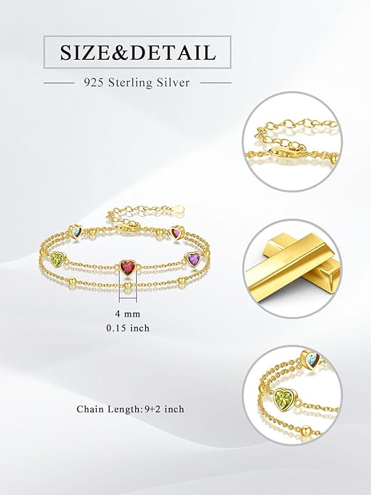 Birthstone Anklet/Bracelets for Women 925 Sterling Silver Charm Link Double Strand Heart Birthstone Jewelry Gift for Wife Women Mother's Day Gift