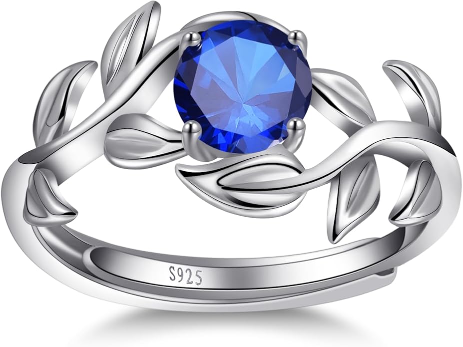 Adjustable Women Leaf|Wheat Grain|Filigree Ring 925 Sterling Silver Created Ruby|Sapphire|Cubic Zirconia Engagement Ring for Women Promise Wedding Ring Anniversary Valentines Open Size 5-9