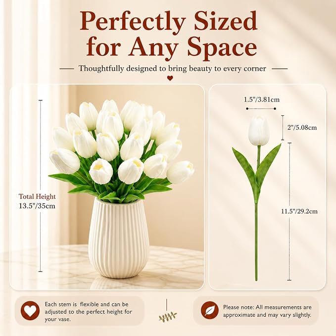 Mandy's 28pcs Artificial White Tulips | 13.5 Inch Lifelike PU Tulips Faux - Image 3