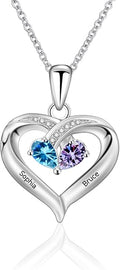 MissNaNa Sterling Silver Personalized 2 Names Heart Necklace with 2 Birthstone Couple I Love You Heart Pendant Necklace Jewelry Gift for Her Wife Girlfriend Mom