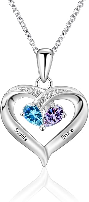 MissNaNa Sterling Silver Personalized 2 Names Heart Necklace with 2 Birthstone Couple I Love You Heart Pendant Necklace Jewelry Gift for Her Wife Girlfriend Mom
