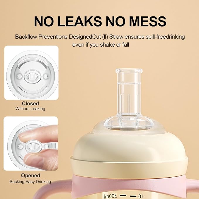 PPSU No Spill Sippy cups,Weighted Straw Toddler Water Bottle with Handle,Spill Proof Toddler Cup with Leakproof Spout for Baby 6-12 Months and Toddlers 1-3 (10 Ounce, Pink, 3 Pack)