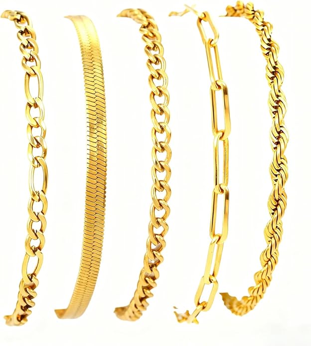 18K Gold Plated Bracelet Sets for Women Waterproof - Trendy Thin Dainty Stackable Cuban Link Paperclip Snake Twisted Chain Fashion Jewelry Accessories Gifts for Women