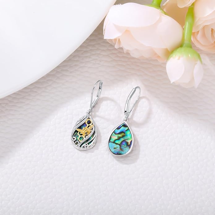 Animal Earrings 925 Sterling Silver Abalone Shell Dangle Drop Earrings Leverback Earrings Cute Animal Jewelry Gifts for Women Girlfriend