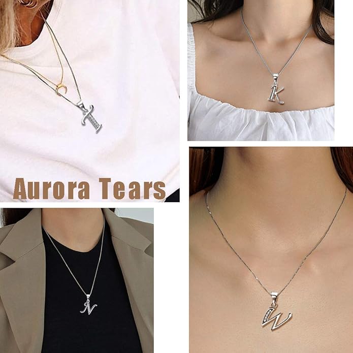 Aurora Tears Letter Necklace Initial 925 Sterling Silver Alphabet Pendant Crystal Name Gift Women Cubic Zirconia Jewelry