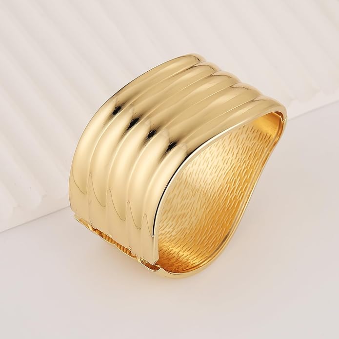 HZMAN 18K Gold Plated Wide Cuff Bracelet for Women - Premium Alloy Shiny Polished Double Layer Statement Bangle, Trendy Daily Wear Party Jewelry Accessory