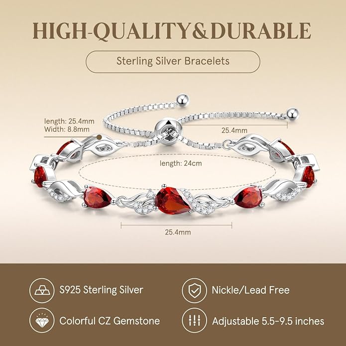 FANCIME Birthstone Teardrop Tennis Bracelet for Women, Sterling Silver 9x7mm main Gemstone Bolo Adjustable Chain Bracelet Fine Jewelry Birthday Gifts for Women Mom Wife Her