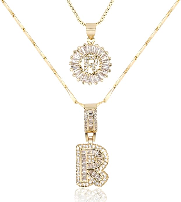 Letter Necklace 14k Gold Plated Bling Dainty Necklaces Trendy Chunky Custom Name Necklace Personalized Round Circle Pendant Zirconia Letters Name Crystal Jewelry Gifts for Women
