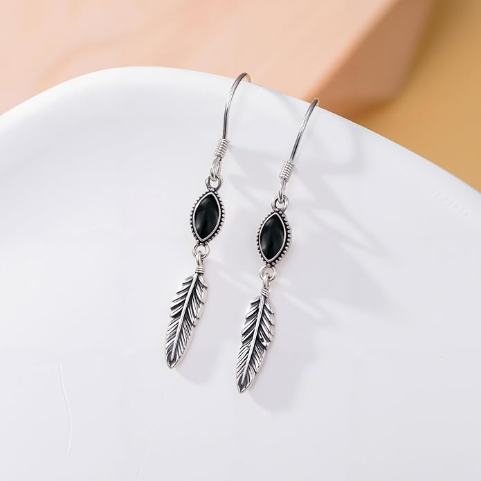 Feather Earrings for Women 925 Sterling Silver Western Boho Drop Dangle Earrings Vintage Feather Jewelry Gifts