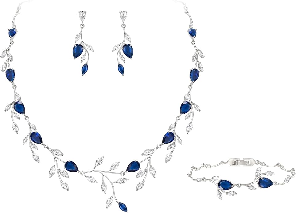 EVER FAITH Wedding Jewelry for Bride Women Bridesmaid, Sparkly Cubic Zirconia Pear-Shaped Birthstone Leaf Necklace Earrings Set for Prom