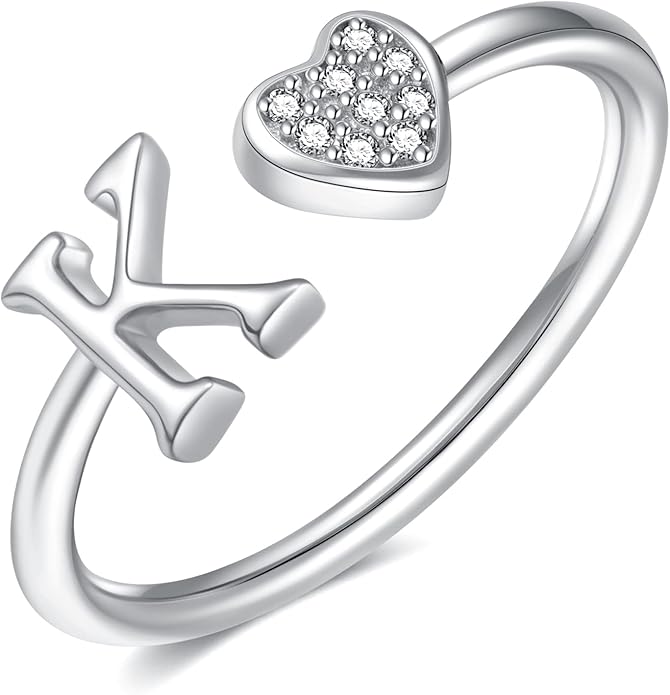Valentines Day Gift Initial Rings for Teen Girls - S925 Heart Sterling Silver Rings for Teen Girls | 14K Gold/Rose Gold/Sterling Silver Plated Ring for Girls Kids Women Ring for Teenager Girls Gifts Adjustable, No Tarnish, Hypoallergenic
