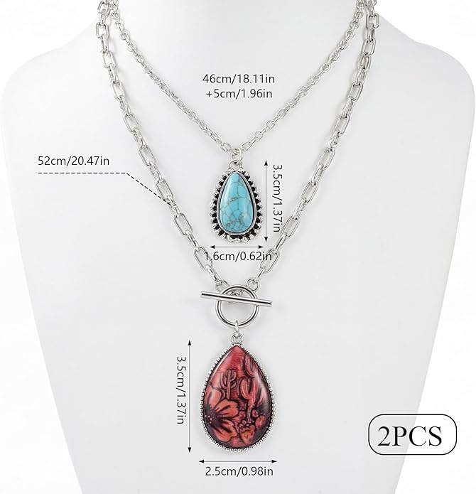 2 Pcs Western Necklaces for Women Silver Plated,Layered Boho Cowgirl Necklace Set with Teardrop Pendant,Turquoise Necklace,Western Jewelry for Women Rodeo Country Concert Jewelry Accessories
