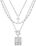 MJartoria Layered Initial Necklaces for Women Trendy, 14K Gold Plated Brass Simple Dainty Cross Choker Square Letter Pendant Necklace, Paperclip Chain Necklaces Jewelry