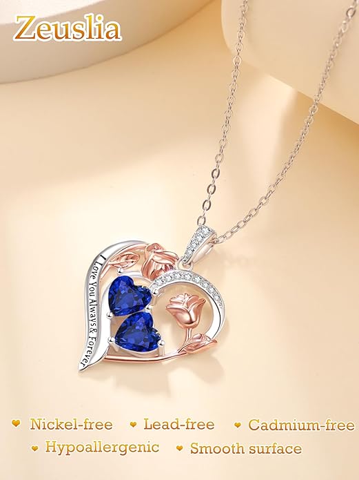 Valentine's Day Gifts for Wife 925 Sterling Silver Double Birthstone Pendant Necklaces I Love You for Always and Forever Necklace Anniversary Birthday Gifts for Wife Girlfriend Mom Her