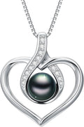 Tahitian Black Pearl AAAA 18K White Gold Plated Sterling Silver Heart Pendant Necklace for Women Wife Mom Girlfriend Valentine Her Jewelry Gift for Anniversary Birthday Christmas