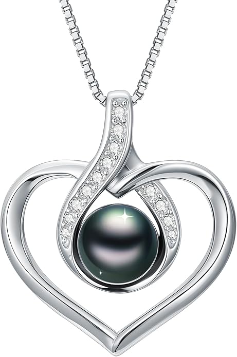 Tahitian Black Pearl AAAA 18K White Gold Plated Sterling Silver Heart Pendant Necklace for Women Wife Mom Girlfriend Valentine Her Jewelry Gift for Anniversary Birthday Christmas