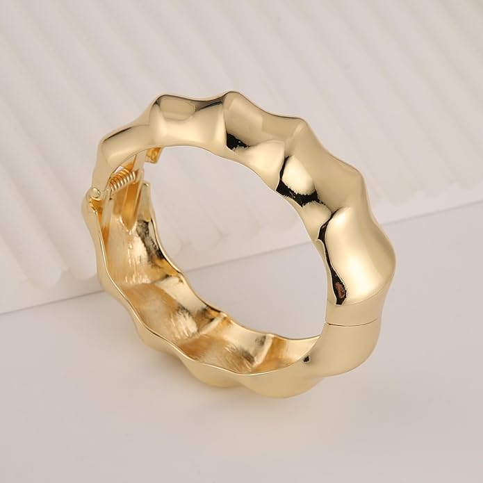 HZMAN 18K Gold Plated Wide Cuff Bracelet for Women - Premium Alloy Shiny Polished Double Layer Statement Bangle, Trendy Daily Wear Party Jewelry Accessory