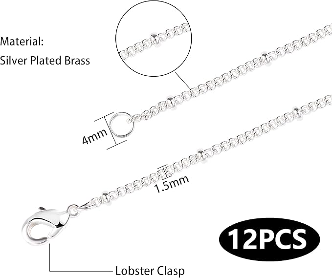 12PCS Silver Plated Brass Curb Chain Satellite Beaded Chains Bulk for Jewelry Making (18 Inch(1.5mm))