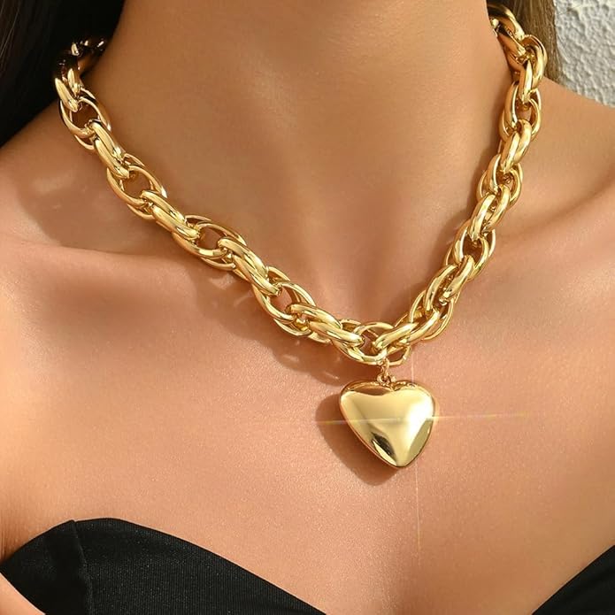 Chunky Gold Heart Necklace for Women,Y2K Big Heart Statement Necklace Long Puffy Hearts Chain Charm Necklaces Trendy Jewerly