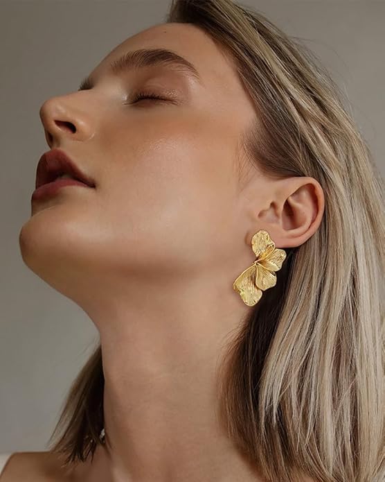 Chunky Gold Statement Earrings For Women Gold Plated Sectored Flower Leaf Shell Angel Wing Earrings Trendy Boho Jewelry For Women Large Stud Earrings Hypoallergenic Earrings