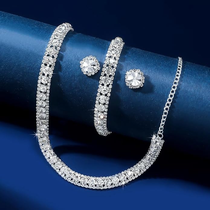 Women Rhinestone Crystal Jewelry Set Crystal Tennis Design Rhinestone Choker Necklace Link Bracelet Teardrop Earrings Set Wedding Bridal Bridesmaids Party