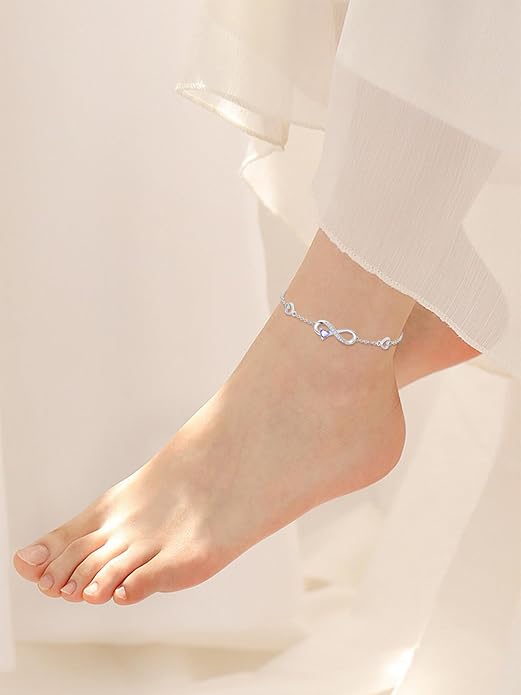 Dorunmo Infinity Heart Anklet Bracelet for Women 925 Sterling Silver Adjustable Infinity Birthstone Bracelet Friendship Jewelry Gifts for Women Birthday Christmas