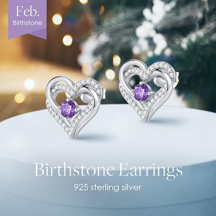 CDE Forever Love Heart Stud Earrings for Women, 925 Sterling Silver Birthstone Heart Stud Earrings Christmas Day Mother's Day Gift Anniversary Birthday Jewelry Gifts for Women Wife Her