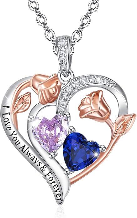 Valentine's Day Gifts for Wife 925 Sterling Silver Double Birthstone Pendant Necklaces I Love You for Always and Forever Necklace Anniversary Birthday Gifts for Wife Girlfriend Mom Her