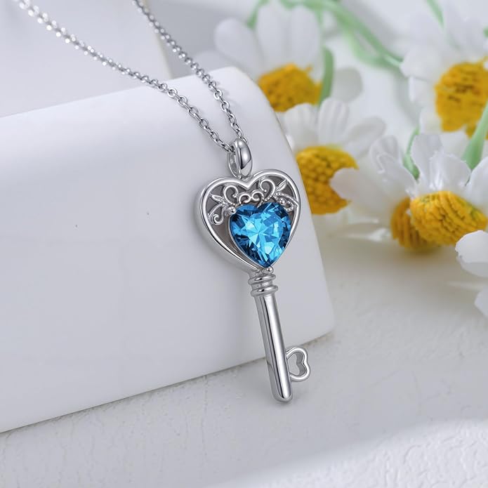 WSX Heart Key Birthstone Necklace for Women 925 Sterling Silver Love Key Pendant with Birthstone Valentine's Day Anniversary Jewelry Gift for Her
