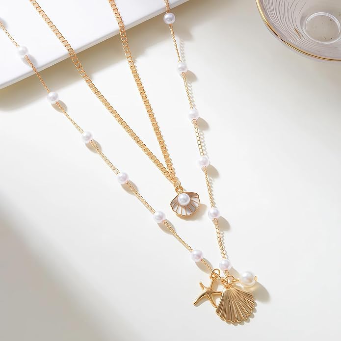 Shell Starfish Necklace for Women, 14k Gold Plated Boho Layered Beaded Charm Pendant Necklace, Dainty Adjustable Pearl Conch Summer Beach Vacation Jewelry Gifts