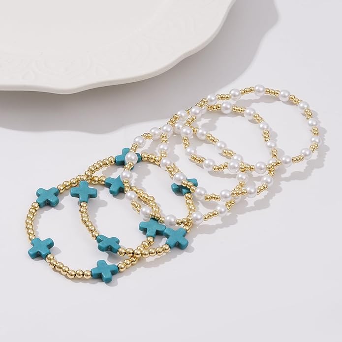 Gold Plated Beaded Bracelets for Women Trendy, 14K Gold Plated Stack Cross Pearl Gold Plated Bead Stretch Bracelets Set Elastic Hypoallergenic Bracelets Jewelry Gifts