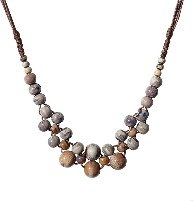 Boho Round Colorful Ceramic Beaded Necklace, Adjustable Hippie Statement Necklace, Handmade Ethnic Jewelry Gift for Women