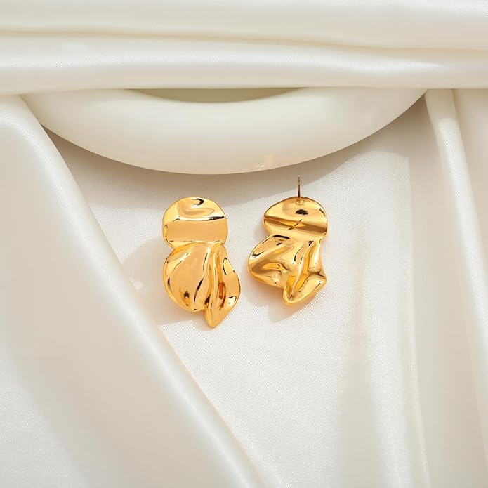 Chunky Gold Statement Earrings For Women Gold Plated Sectored Flower Leaf Shell Angel Wing Earrings Trendy Boho Jewelry For Women Large Stud Earrings Hypoallergenic Earrings