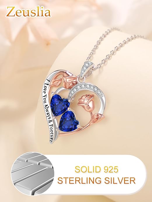 Valentine's Day Gifts for Wife 925 Sterling Silver Double Birthstone Pendant Necklaces I Love You for Always and Forever Necklace Anniversary Birthday Gifts for Wife Girlfriend Mom Her