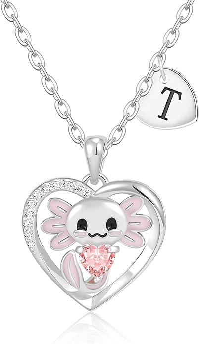 C-leen Axolotl Valentines Day Gifts for Her, 14K Gold Plated Axolotl Initial Necklace Cute Heart Initial Pendant Necklaces Birthday Valentines Day Gifts for Kids Girls Women