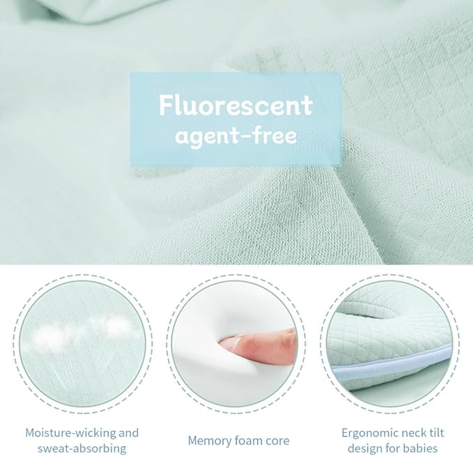 Memory Foam Baby Pillow for Newborn Flat Head Baby Pillow Machine-Washable Neck Support Prevent Flat Head 100% Cotton,Blue